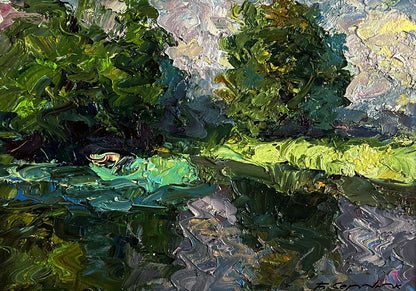 Vibrant impasto oil painting Quiet daytime river by Boris Serdyuk