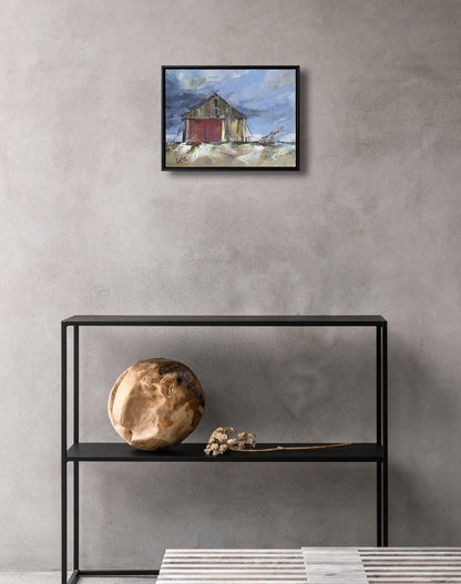 Oil painting Seasonal wind by Volodymyr Gluhomanyuk: black-framed red barn in snow
