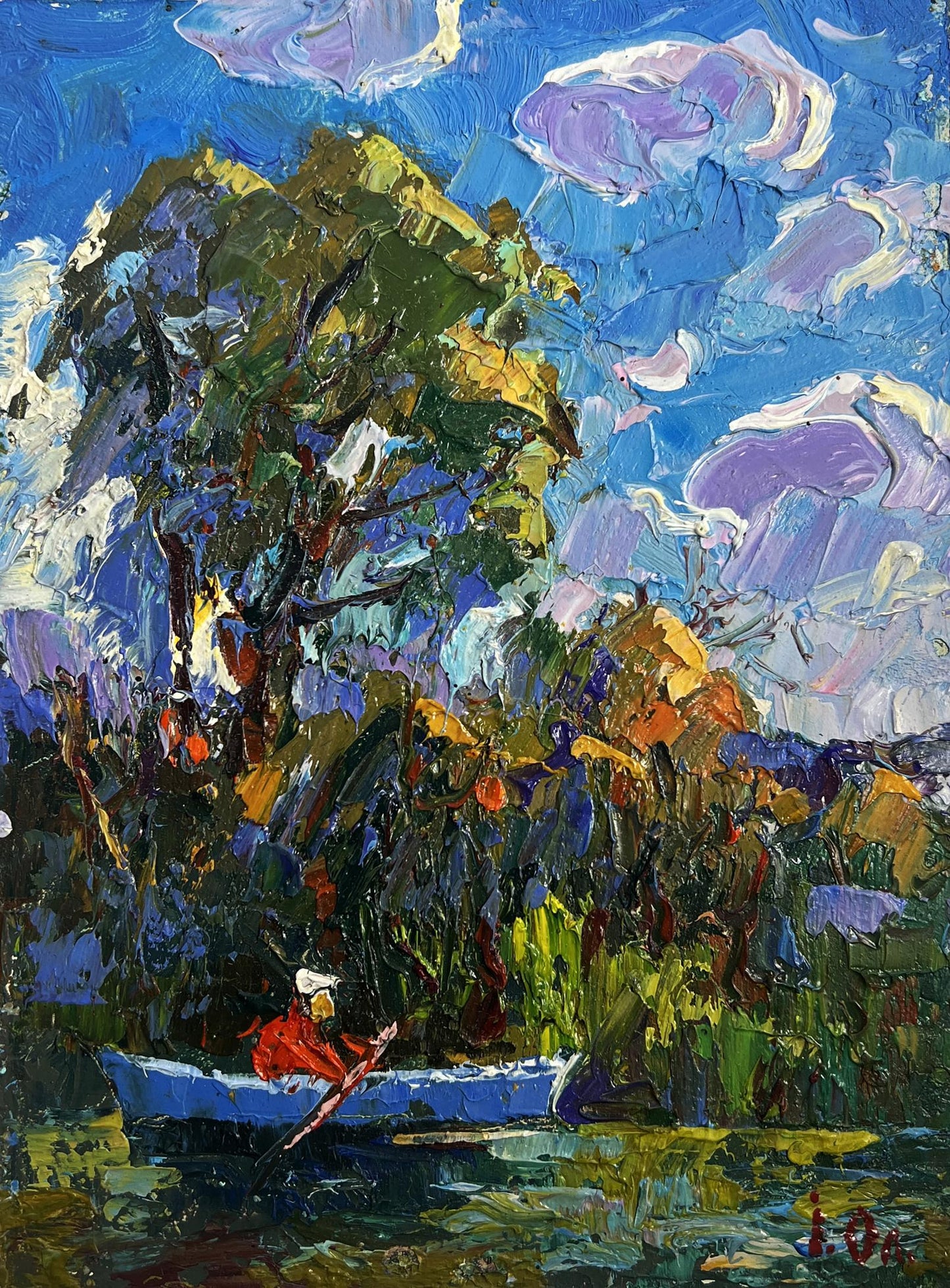 Oil painting Early morning on a boat by Oleksiy Ivanyuk, vibrant rowboat scene