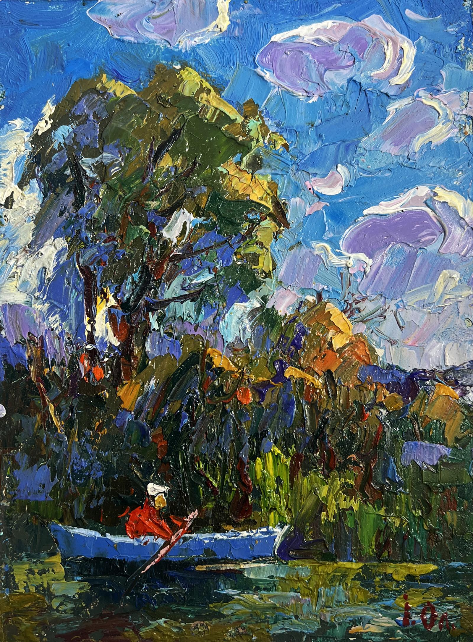 Oil painting Early morning on a boat by Oleksiy Ivanyuk, vibrant rowboat scene