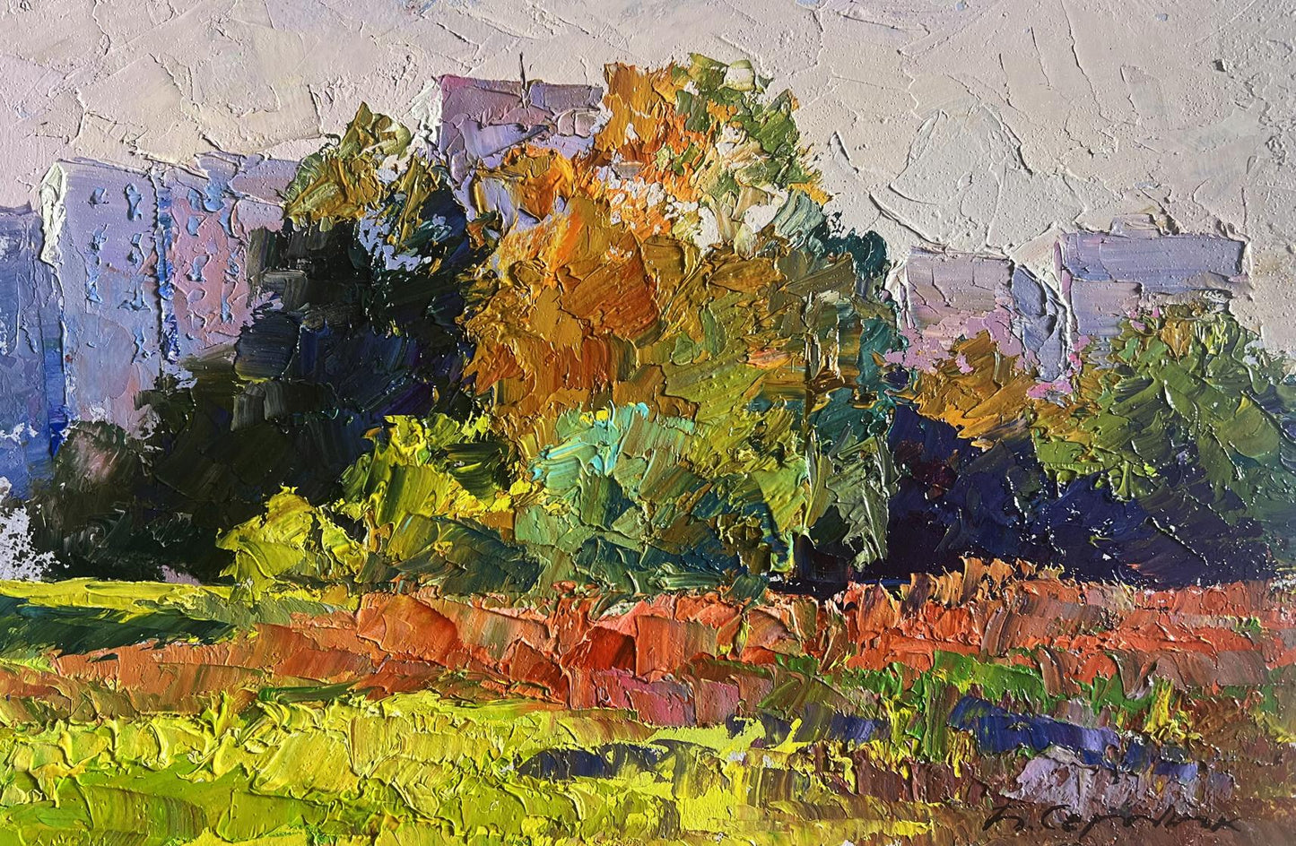 Vibrant impressionist oil painting of Autumn meadows outside the city by Boris Serdyuk