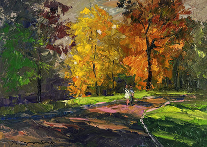 Vibrant autumn oil painting Leaves whisper Boris Serdyuk with bold yellow orange green trees path