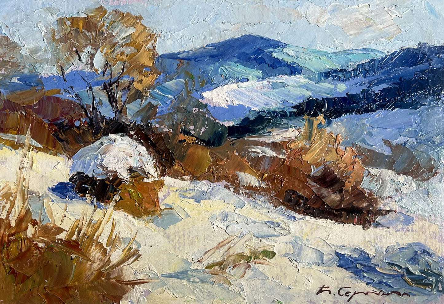 Impasto oil painting of winter mountains by Boris Serdyuk
