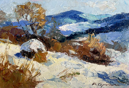Impasto oil painting of winter mountains by Boris Serdyuk