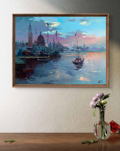 Framed oil painting of romantic Venetian harbor at dusk by Yuriy Suprunchuk