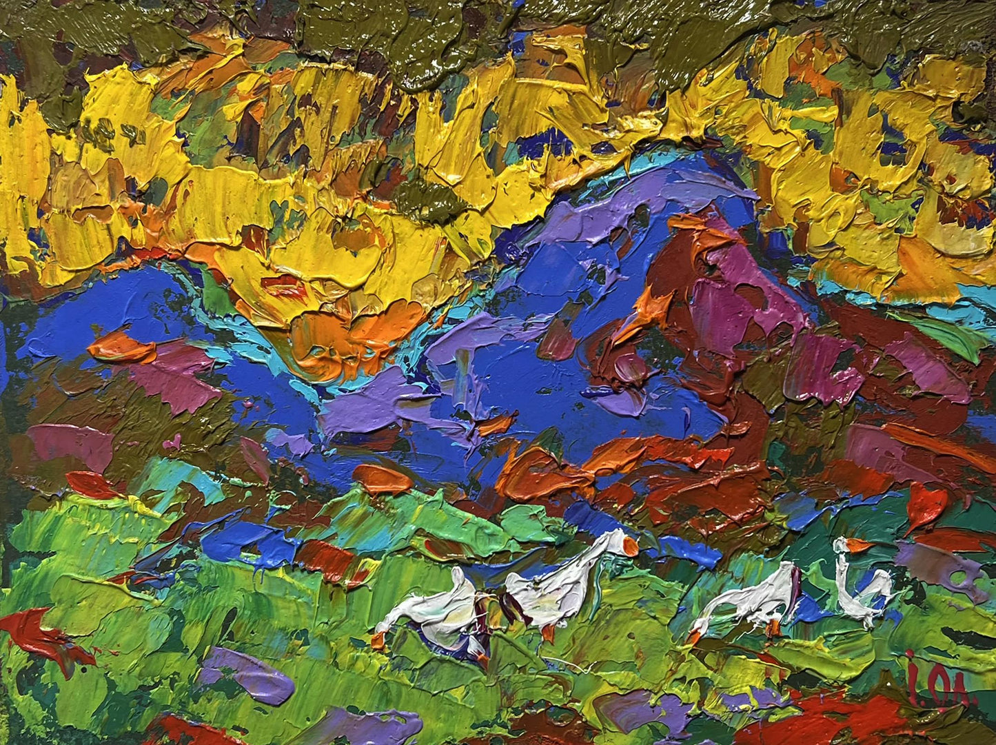 Vibrant Oleksiy Ivanyuk oil painting Geese on the Hill with textured geese
