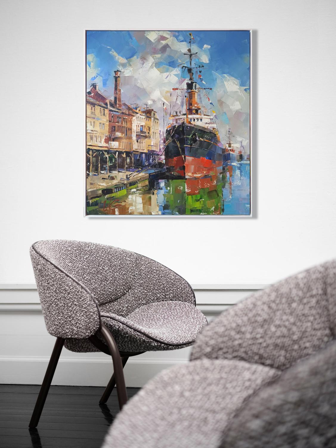Gray textured fabric armchair with dark wooden legs for Oil painting Between two banks Volodymyr Gluhomanyuk