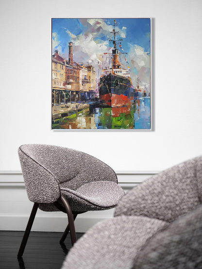 Gray textured fabric armchair with dark wooden legs for Oil painting Between two banks Volodymyr Gluhomanyuk