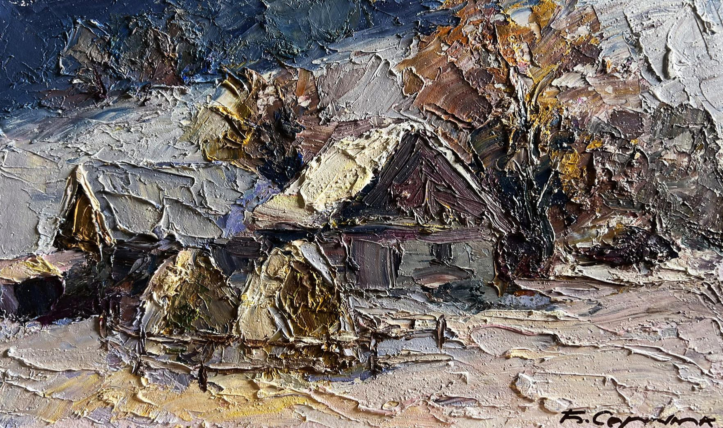 Textured oil painting of Boris Serdyuk winter village evening in earthy tones