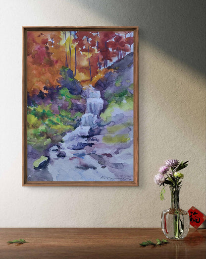 Watercolor painting Whispering Stream by Boris Serdyuk in wooden frame