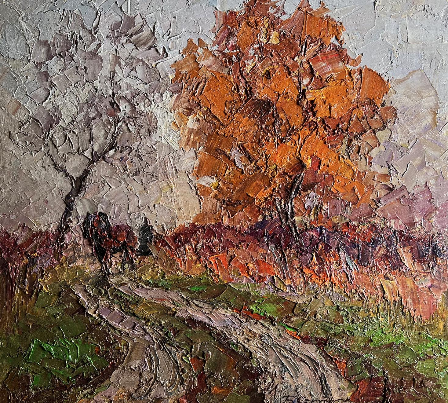 Textured oil painting of horse walking path by Boris Serdyuk, vibrant orange tree