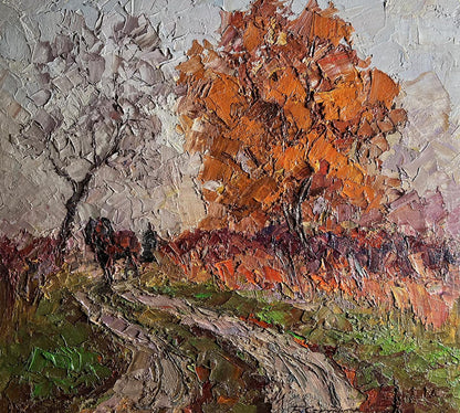 Textured oil painting of horse walking path by Boris Serdyuk, vibrant orange tree