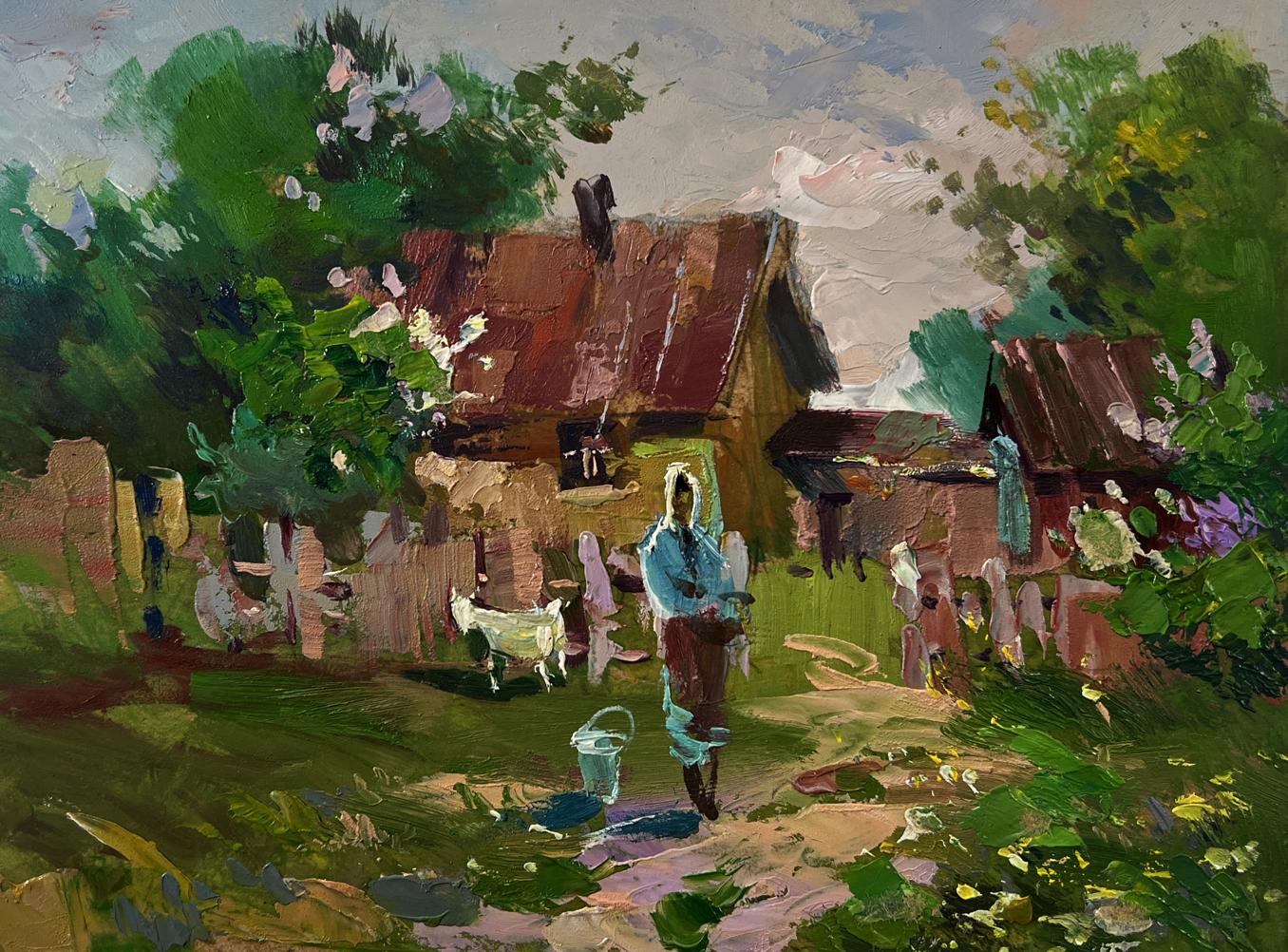 Oil painting Yard in the village by Yuriy Suprunchuk rustic house in lush greenery