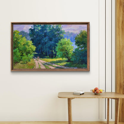 Oil painting Road to the river by Boris Serdyuk, lush forest path in frame