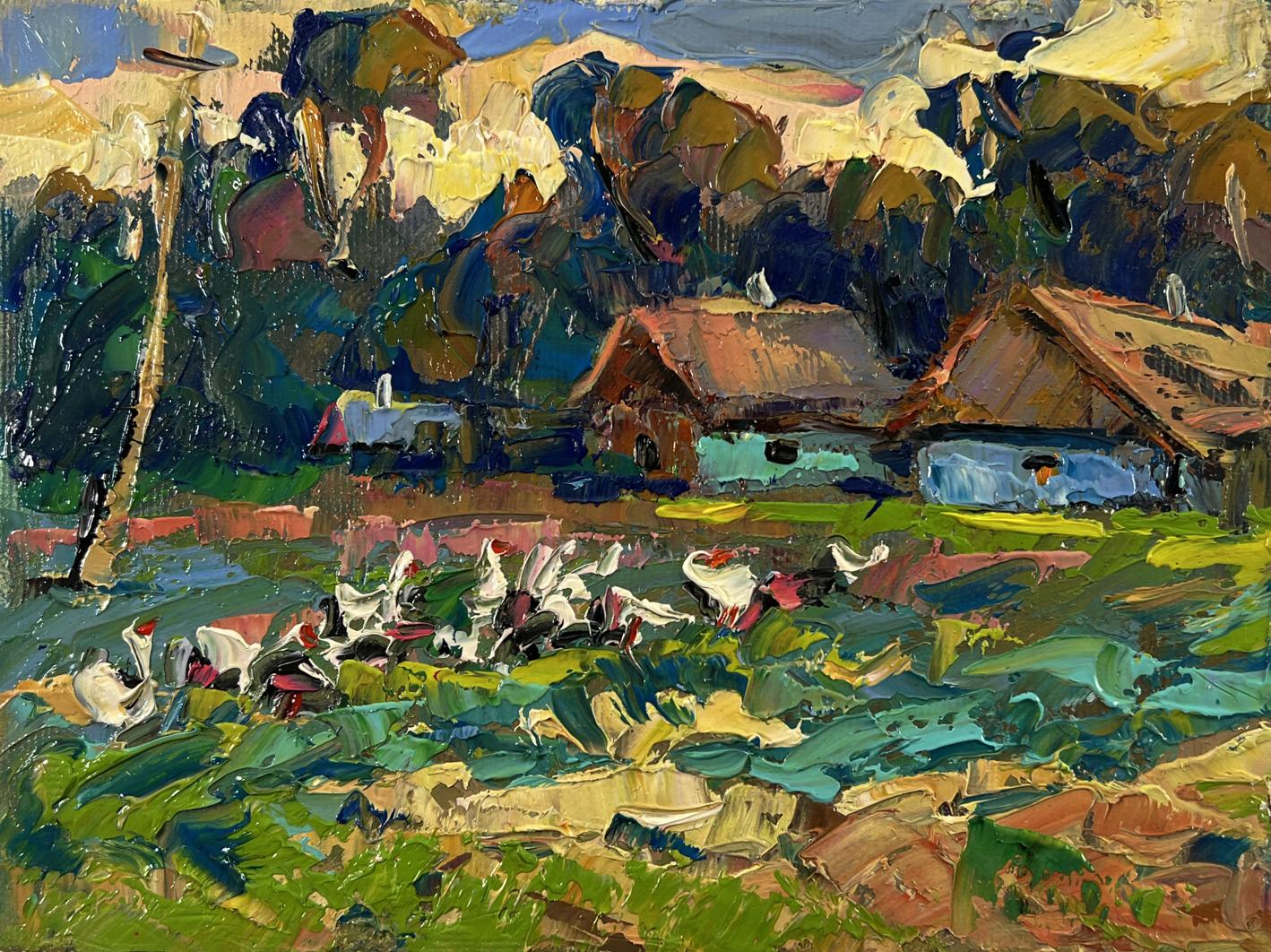 Vibrant impressionist oil painting of geese walking in evening rural fields by Oleksiy Ivanyuk