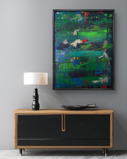 Vibrant Walk in the Forest acrylic painting by Olga Melezhik in black frame