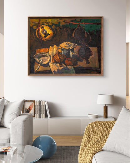 Framed Evening Still Life oil painting by Oleksandr Andreev with warm earthy tones