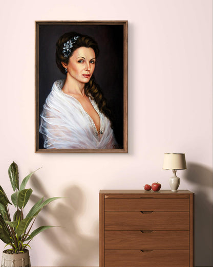 Oil painting portrait of Margarita Valeriy Bulat, framed woman with dark hair