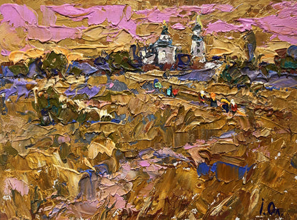Oil painting Autumn steppes by Oleksiy Ivanyuk with golden purple church spires