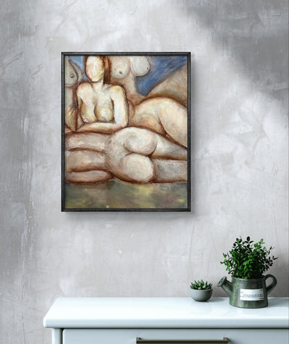 Framed oil painting of relaxing female figures by Tatyana Nikolsk in earthy tones