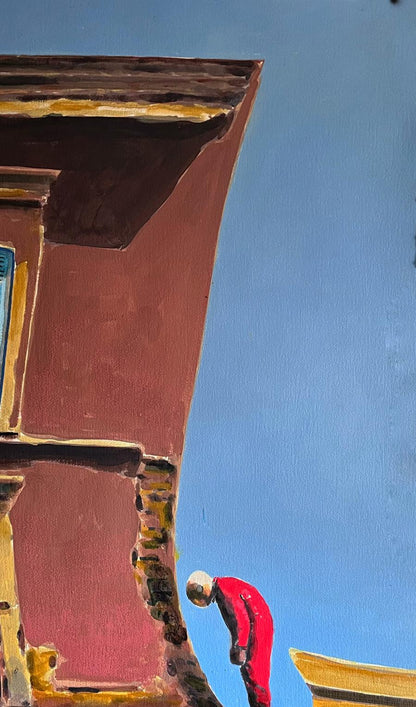Vibrant red figure in Spirit is not broken acrylic painting by Juan Angel Gonzalez de la Calle