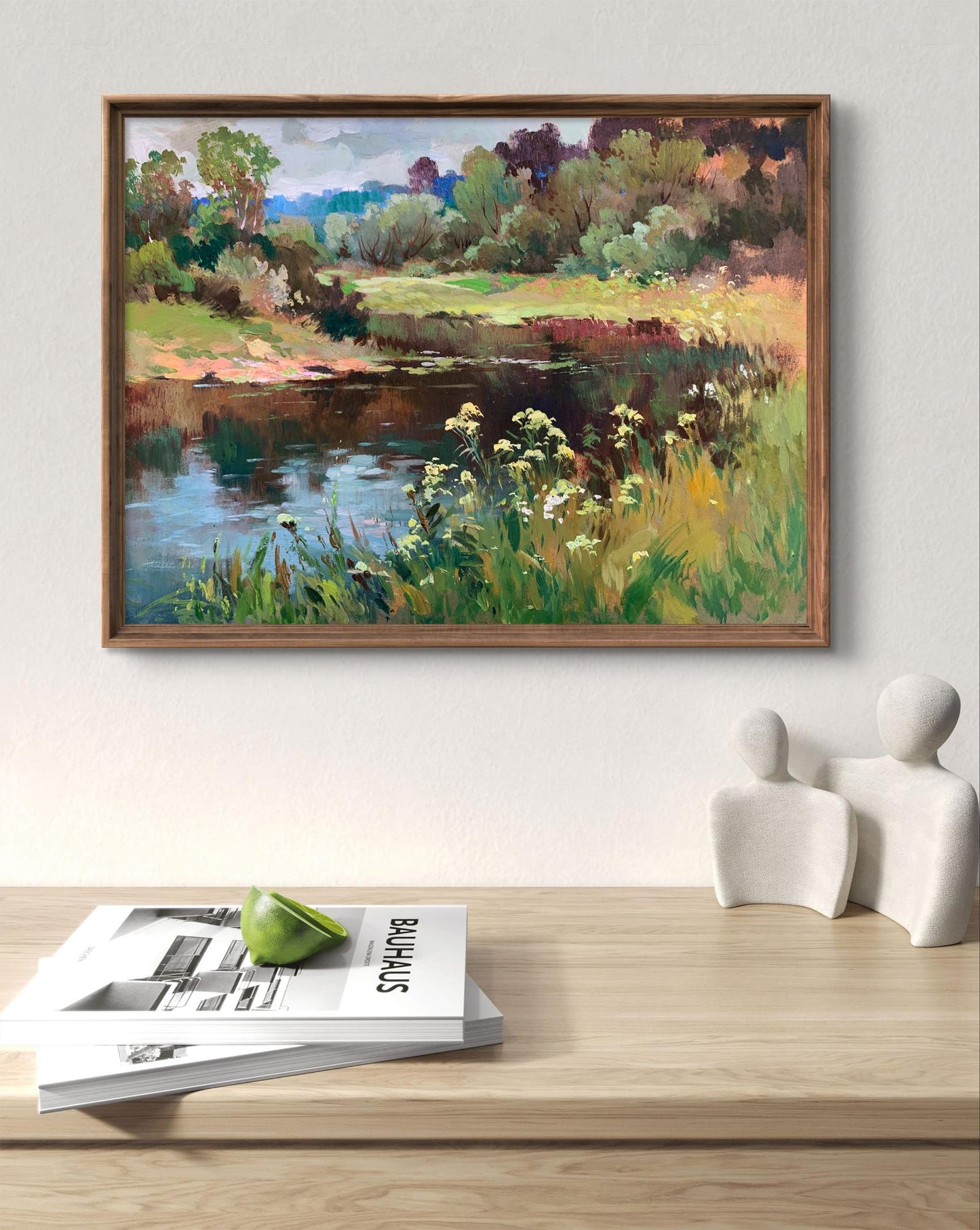 Framed impressionistic oil painting of serene river by Yuriy Suprunchuk