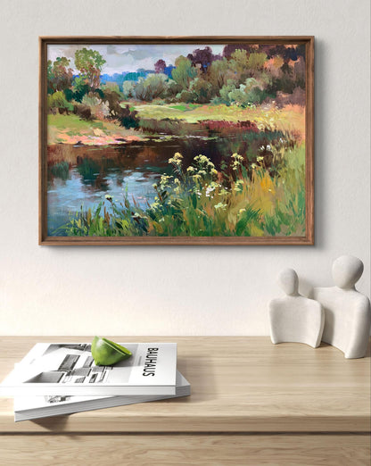 Framed impressionistic oil painting of serene river by Yuriy Suprunchuk