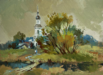 Oil painting At the village church by Yuriy Suprunchuk: white tower over autumn trees and river
