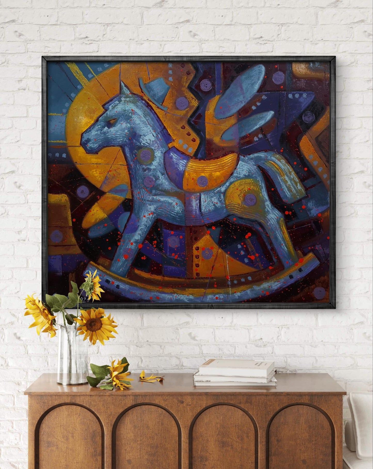 Vibrant oil painting of rocking horse by Sergiy Voichenko in blue, gold, purple