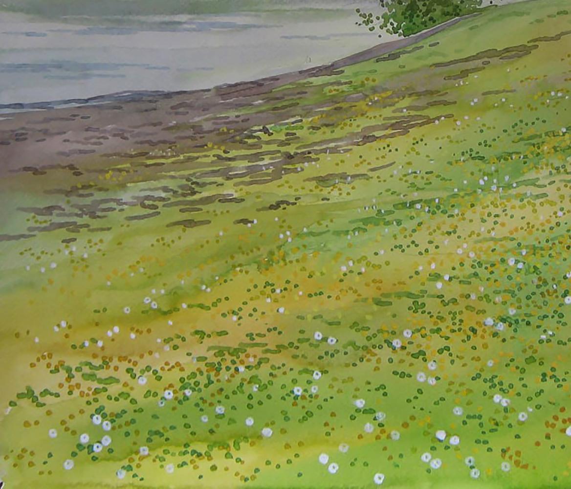 Watercolor painting of blooming trees near shore on green hill by Valery Savenets