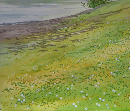 Watercolor painting of blooming trees near shore on green hill by Valery Savenets