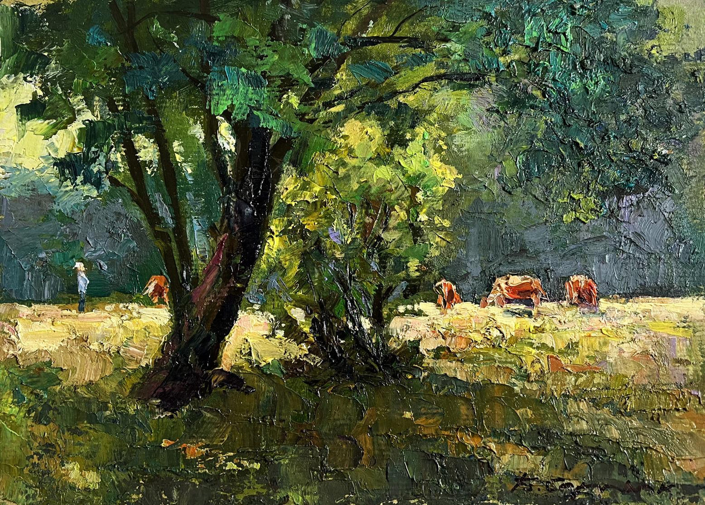 Vibrant impressionist oil painting Walking the cows by Boris Serdyuk with lush tree
