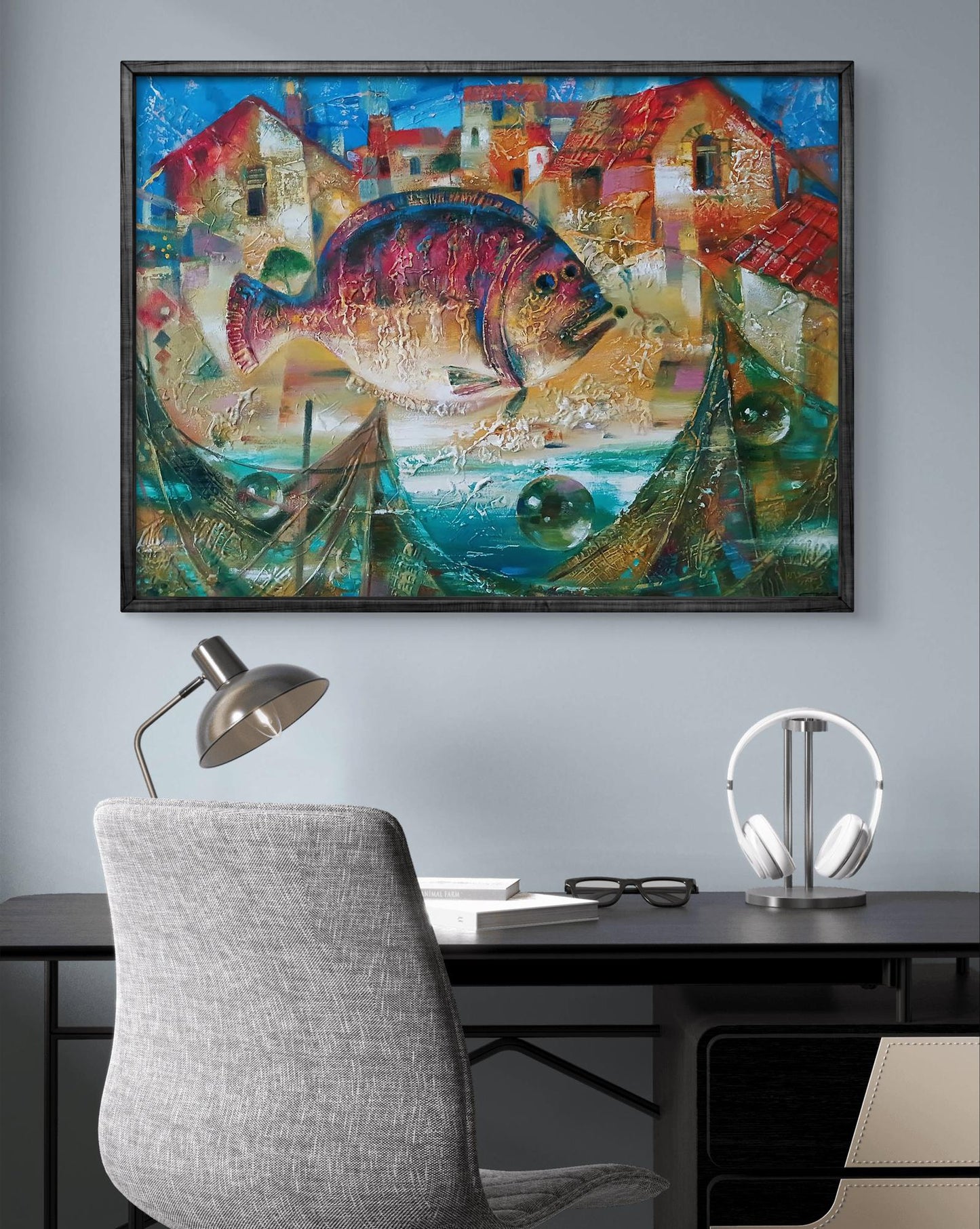 Abstract oil painting by Anatoly Tarabanov: big textured pink-purple fish among colorful coastal houses