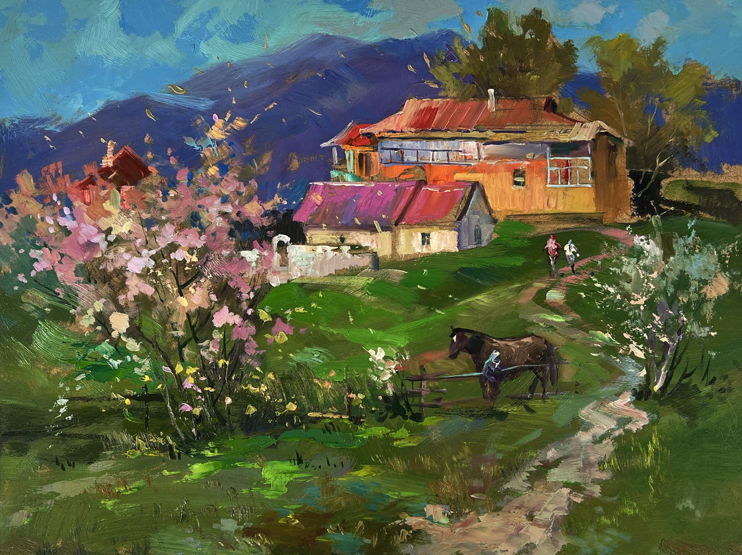 Oil painting of rustic house on mountain by Yuriy Suprunchuk