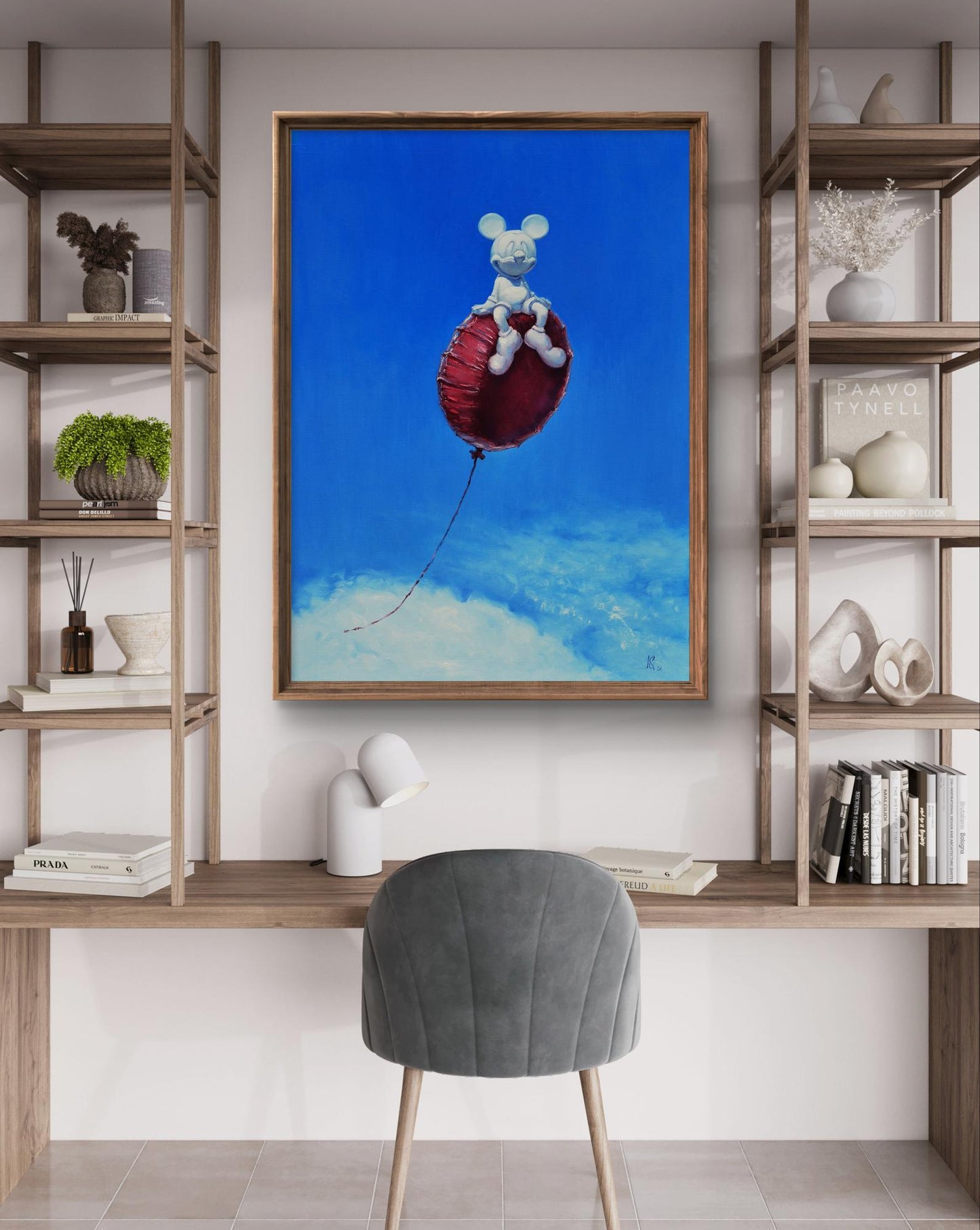 Framed oil painting of white Mickey Mouse on red balloon by Oleg Kateryniuk