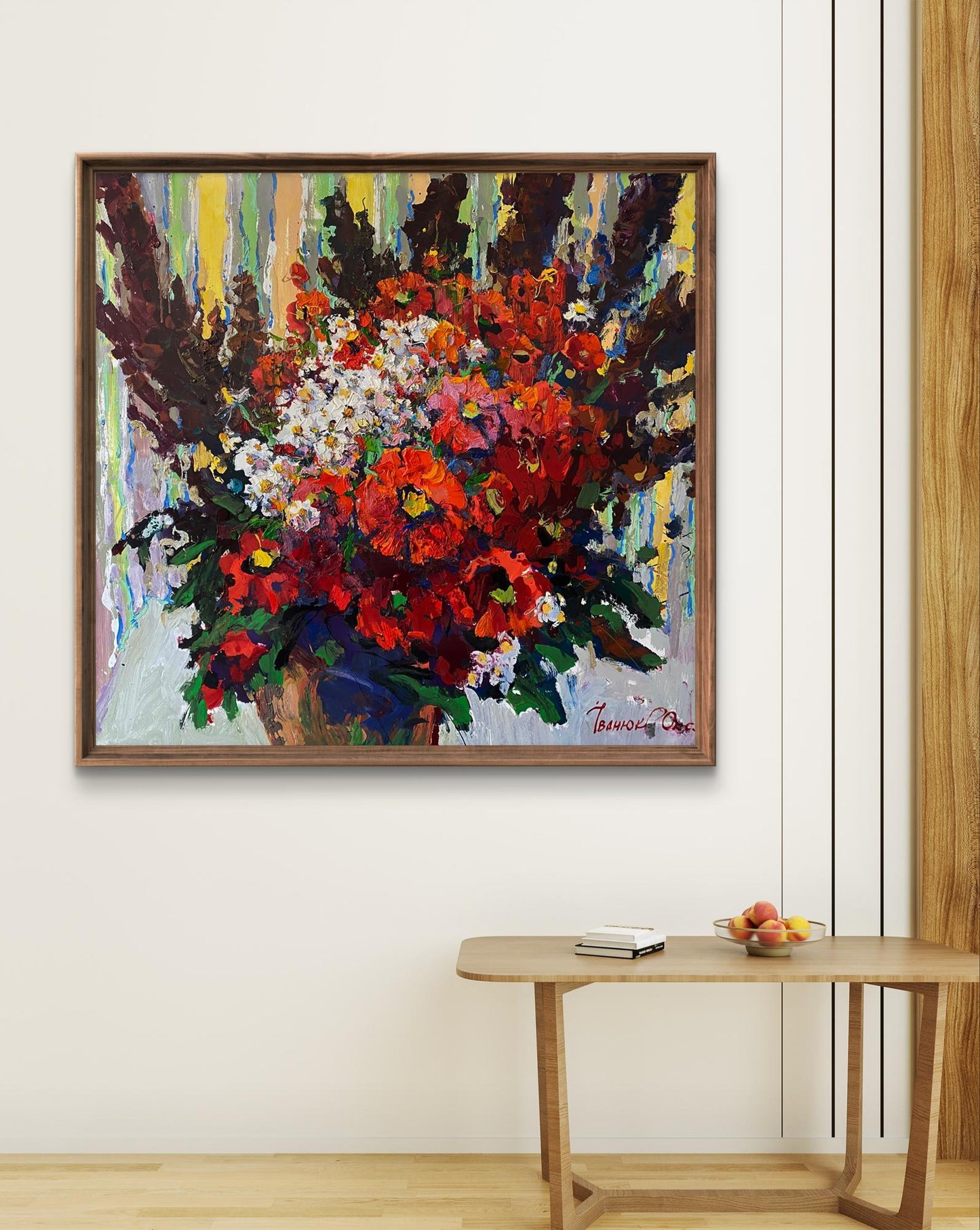 Vibrant Field Mood oil painting by Oksana Ivanyuk in rustic wooden frame