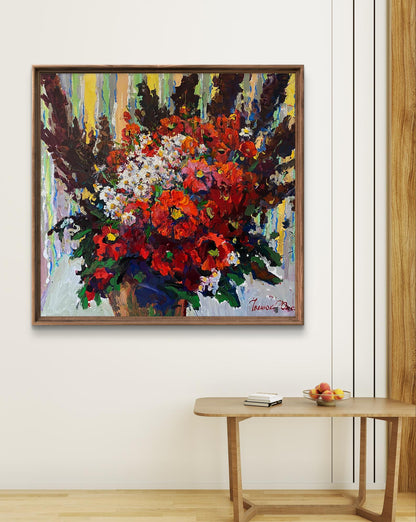 Vibrant Field Mood oil painting by Oksana Ivanyuk in rustic wooden frame