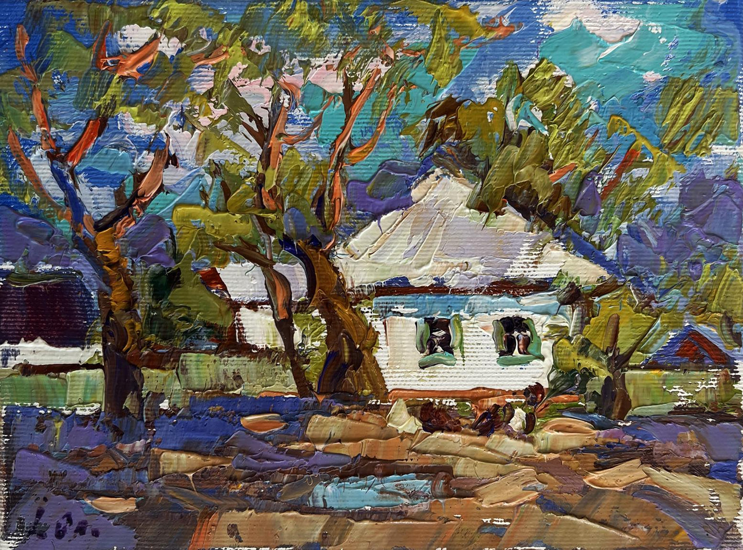 Oil painting Spring days in the village by Oleksiy Ivanyuk house among trees