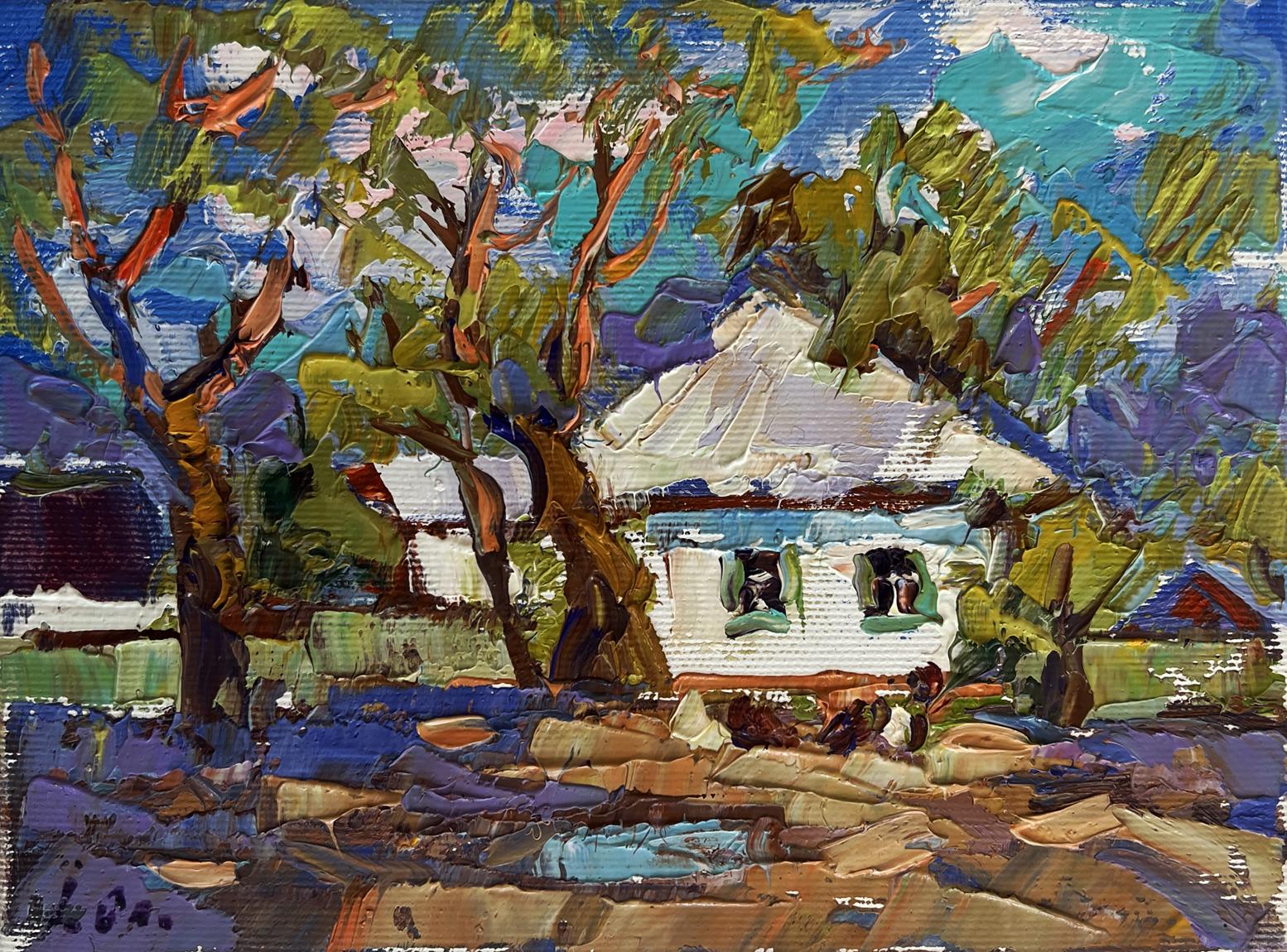 Oil painting Spring days in the village by Oleksiy Ivanyuk house among trees