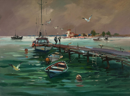 Oil painting of seagulls flying over weathered pier in teal water by Yuriy Suprunchuk