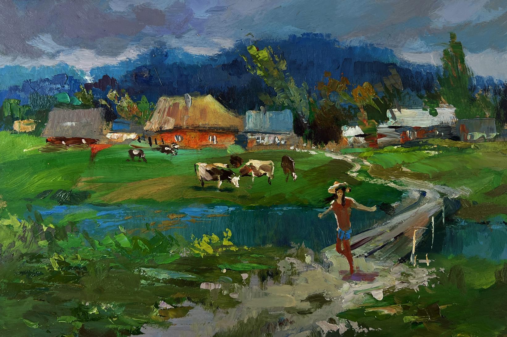 Oil painting by Yuriy Suprunchuk: cows grazing by river in rustic village