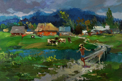 Oil painting by Yuriy Suprunchuk: cows grazing by river in rustic village
