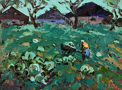 Oil painting by Oleksiy Ivanyuk: farmer pushes cart in cabbage field