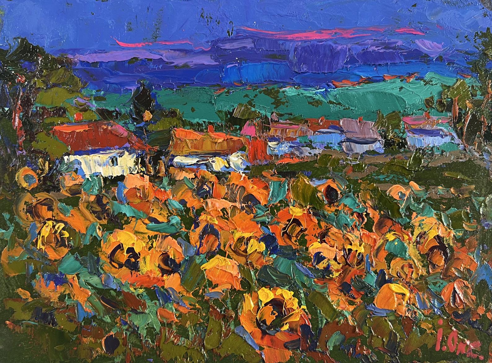 Oil painting of vibrant orange sunflowers, blue sky and village by Oksana Ivanyuk