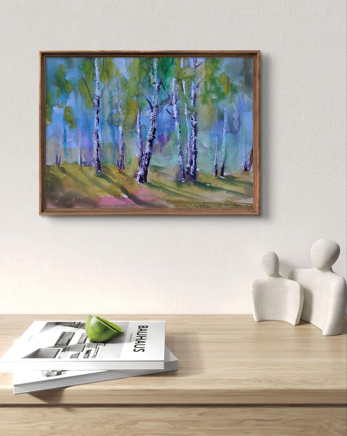 Framed watercolor Spring in the birches by Boris Serdyuk, birch forest