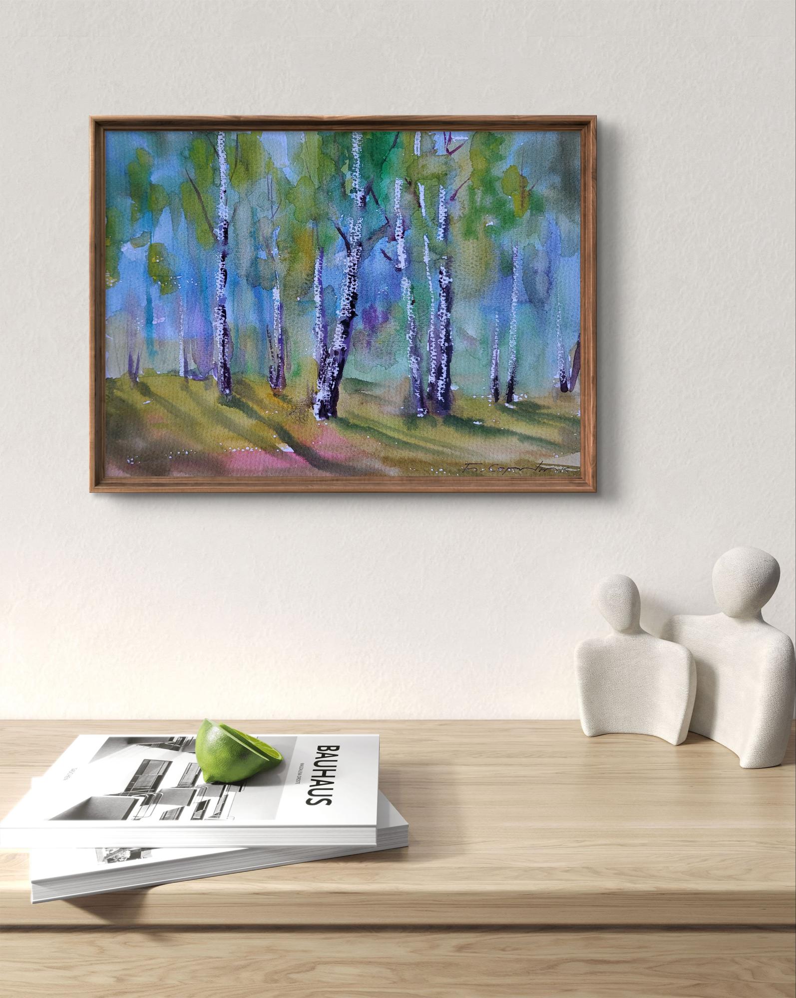 Framed watercolor Spring in the birches by Boris Serdyuk, birch forest