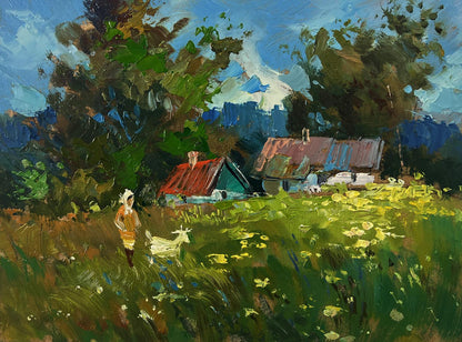 Oil painting Country walk by Yuriy Suprunchuk: rustic houses in green fields