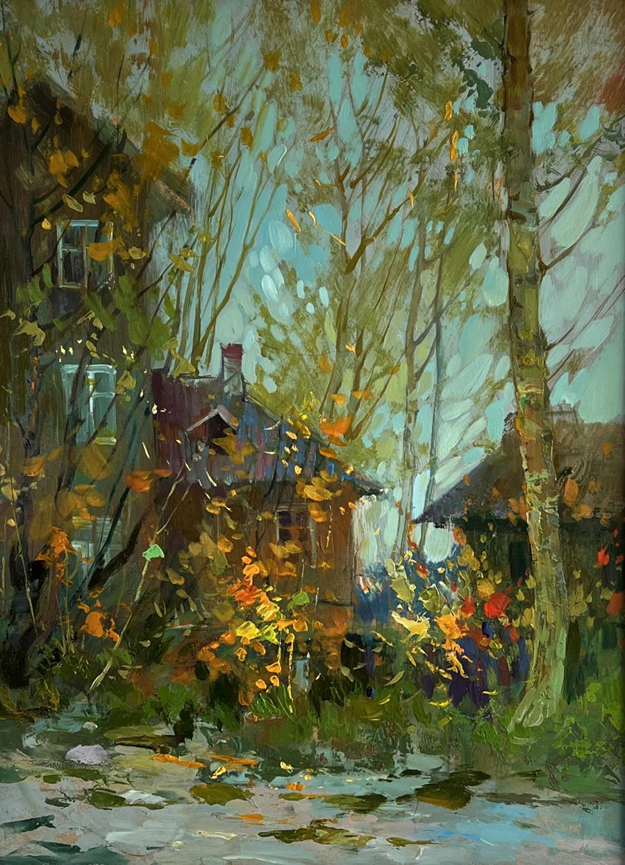 Autumn old town street oil painting by Yuriy Suprunchuk
