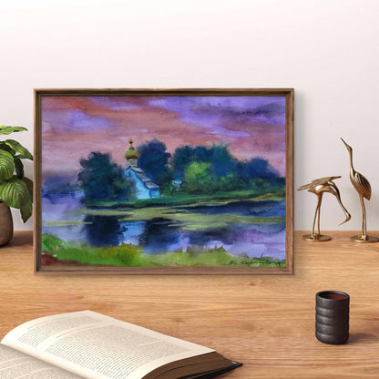 Framed watercolor Morning over the river by Boris Serdyuk lakeside scene