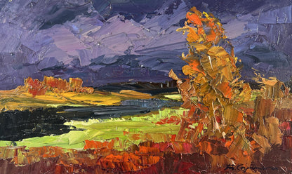 Vibrant impressionist oil painting by Boris Serdyuk: autumn tree and river landscape